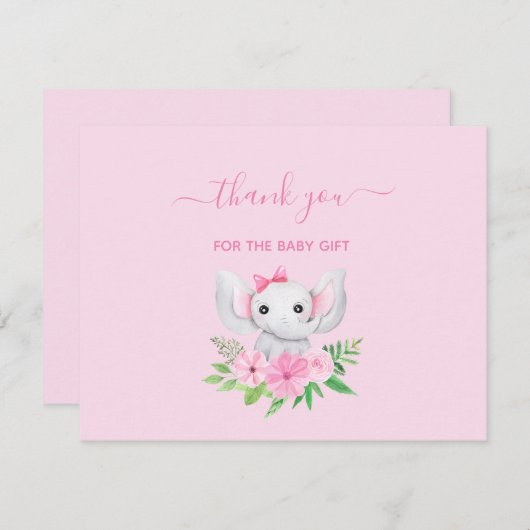 ピンクグリーンエレファントフラワーズベビーサンキューカード ノートカード (正面/裏面)