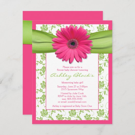ピンクグリーンガーベラデイジーベビーシャワー招待状 招待状 (正面/裏面)