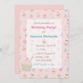 ピンクグリーンギンガムカップケーキ誕生日パーティー 招待状 (正面/裏面)