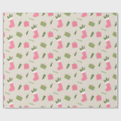 ピンクグリーンクリスマスギフトストッキングパターンクリーム ラッピングペーパー (フラット)