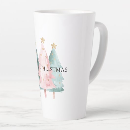 ピンクグリーンクリスマスツリー金ゴールド星 カフェラテマグ (右アングル)