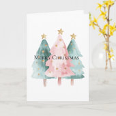 ピンクグリーンクリスマスツリー金ゴールド星 カード (黄色い花)