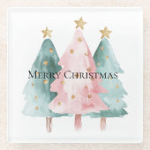 ピンクグリーンクリスマスツリー金ゴールド星 ガラスコースター (正面)