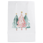 ピンクグリーンクリスマスツリー金ゴールド星 ミディアムペーパーバッグ (裏面)