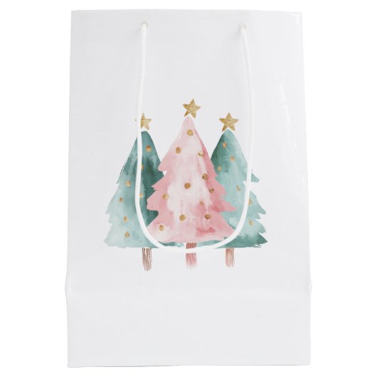 ピンクグリーンクリスマスツリー金ゴールド星 ミディアムペーパーバッグ (裏面)