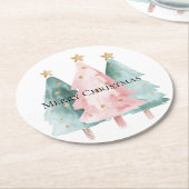 ピンクグリーンクリスマスツリー金ゴールド星 ラウンドペーパーコースター (アングル)