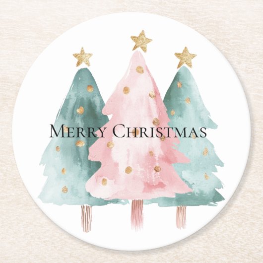 ピンクグリーンクリスマスツリー金ゴールド星 ラウンドペーパーコースター (正面)