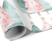 ピンクグリーンクリスマスツリー金ゴールド星 ラッピングペーパー (ロールコーナー)