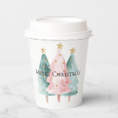 ピンクグリーンクリスマスツリー金ゴールド星 紙コップ (正面)