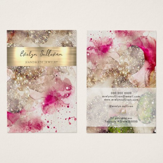 ピンクグリーングリッター水彩画ジュエリー表示カード (正面&裏面)