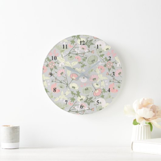 ピンクグリーングレーフローラフラワーガールパターン ラージ壁時計 (ホーム)