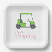 ピンクグリーンゴルフカートパーソナライズされたおもしろい ペーパープレート (正面)