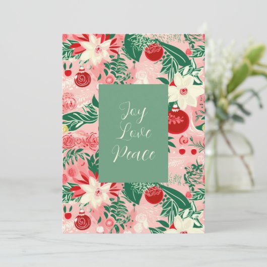 ピンクグリーンジョイラブピースフローラクリスマスカード シーズンカード (スタンド正面)