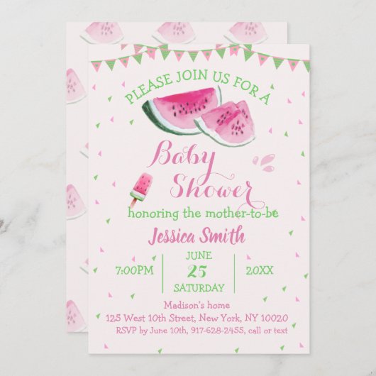ピンクグリーンスイカ赤ちゃんシャワーアイスクリームメロン 招待状 (正面/裏面)