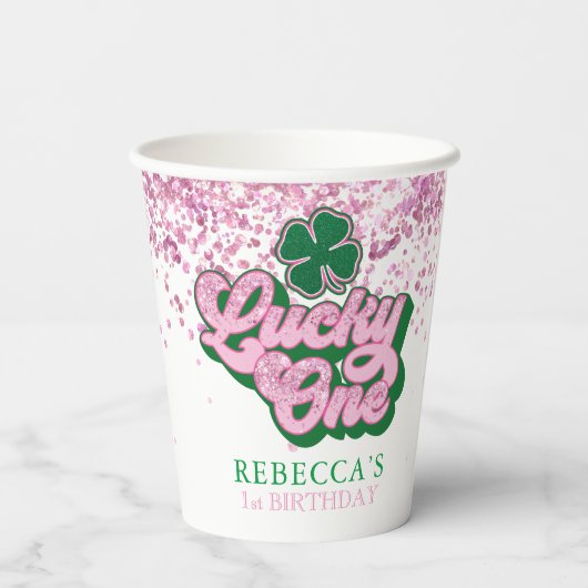 ピンクグリーンセントパトリックのラッキーワンファースト誕生日 紙コップ (裏面)
