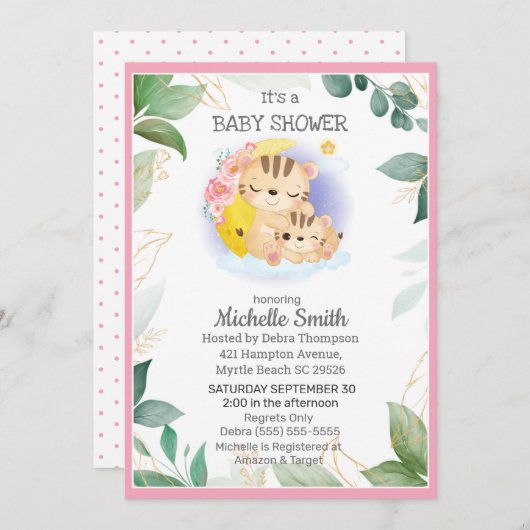 ピンクグリーンタイガーフローラママ赤ちゃんシャワー 招待状 (正面/裏面)