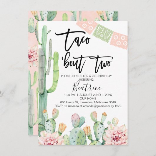 ピンクグリーンタコバウト2歳の誕生日招待状 招待状 (正面/裏面)