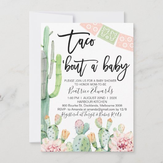 ピンクグリーンタコブアベビーベビーシャワー招待状 招待状 (正面)