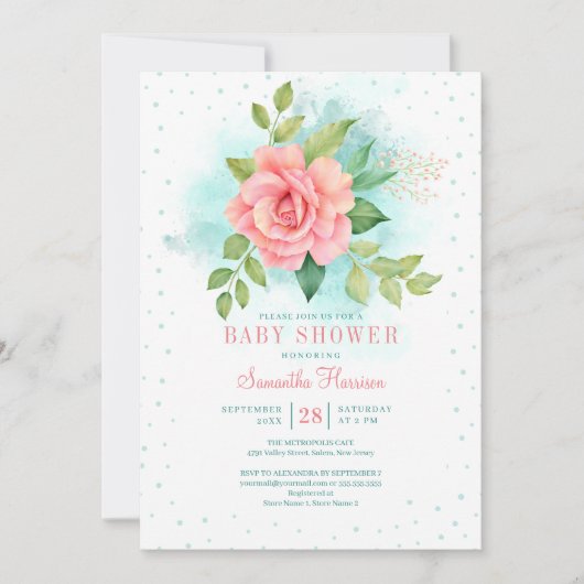 ピンクグリーンターコイズグラデーションフローラ水彩バラ 招待状 (正面)
