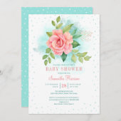 ピンクグリーンターコイズグラデーションフローラ水彩バラ 招待状 (正面/裏面)