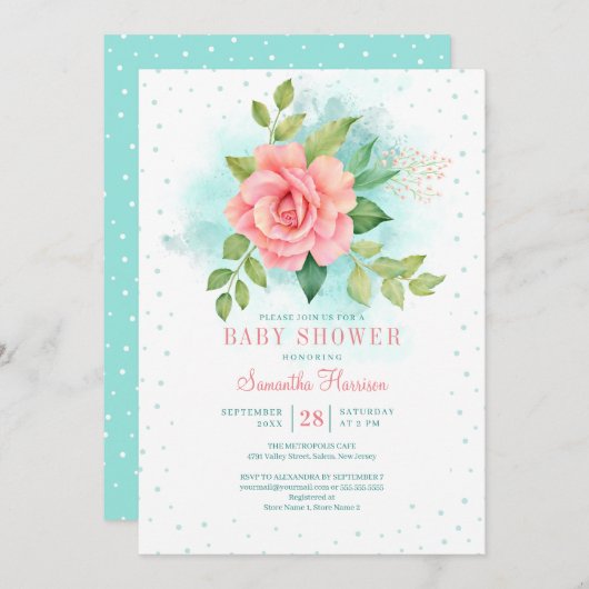 ピンクグリーンターコイズグラデーションフローラ水彩バラ 招待状 (正面/裏面)