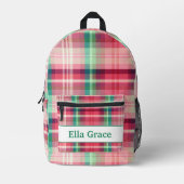 ピンクグリーンタータンチェックプレイド プリントバックパック (正面)