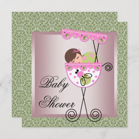 ピンクグリーンダマスクベビーガールシャワー招待状 招待状 (正面/裏面)