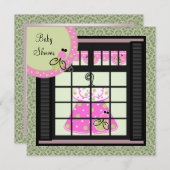 ピンクグリーンダマスクベビーガールシャワー招待状 招待状 (正面/裏面)
