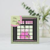 ピンクグリーンダマスクベビーガールシャワー招待状 招待状 (スタンド正面)