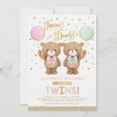 ピンクグリーンテディベアバルーンツインベビーシャワー 招待状 (正面)