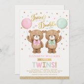 ピンクグリーンテディベアバルーンツインベビーシャワー 招待状 (正面/裏面)