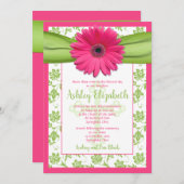 ピンクグリーンデイジーダマスクファースト招待状 招待状 (正面/裏面)