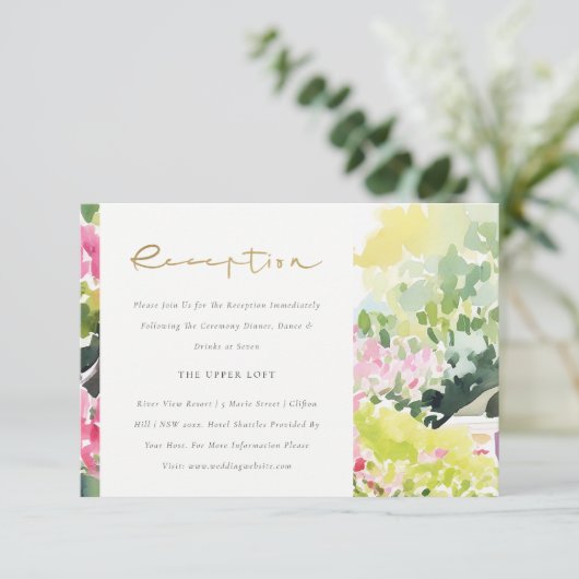 ピンクグリーントロピックブーゲンビリーアウェディングレセプション エンクロージャーカード (スタンド正面)