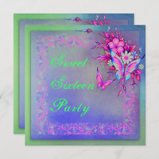ピンクグリーンネオングランジバタフライスウィート16誕生日 招待状 (正面/裏面)