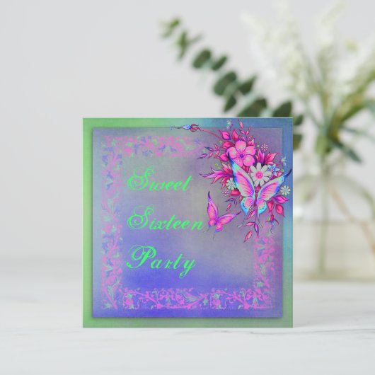 ピンクグリーンネオングランジバタフライスウィート16誕生日 招待状 (スタンド正面)