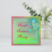 ピンクグリーンネオングランジバタフライスウィート16誕生日 招待状 (スタンド正面)