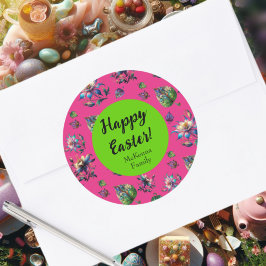 ピンクグリーンハッピーイースター春オダマキ（植物）花 ラウンドシール