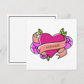 ピンクグリーンハートタトゥー カスタム名 ブラック ノートカード (正面/裏面)