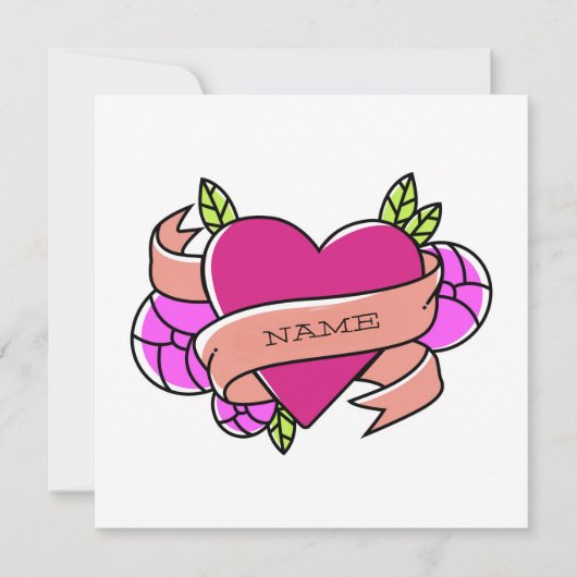 ピンクグリーンハートタトゥー カスタム名 ブラック ノートカード (正面)