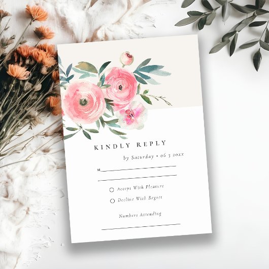 ピンクグリーンバラオーキッドウォーターカラーフローラ結婚ズ 出欠カード