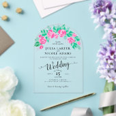 ピンクグリーンバラ花びらフラワーズ庭園の結婚式 アクリル招待状 (インサイチュ (ウェディング))