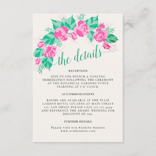 ピンクグリーンバラ花びらフラワーズ庭園の結婚式 エンクロージャーカード (正面)