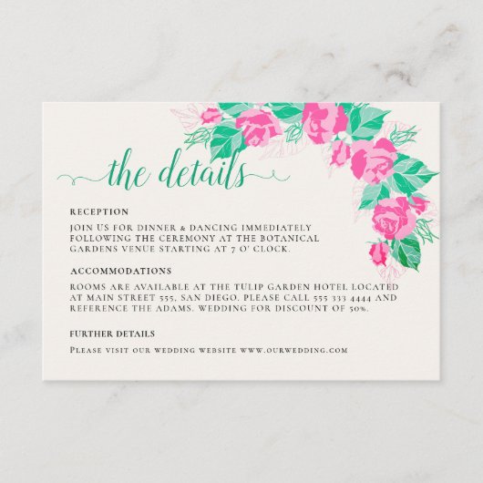 ピンクグリーンバラ花びらフラワーズ庭園の結婚式 エンクロージャーカード (正面)