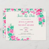 ピンクグリーンバラ花びらフラワーズ庭園の結婚式 セーブザデート (正面/裏面)