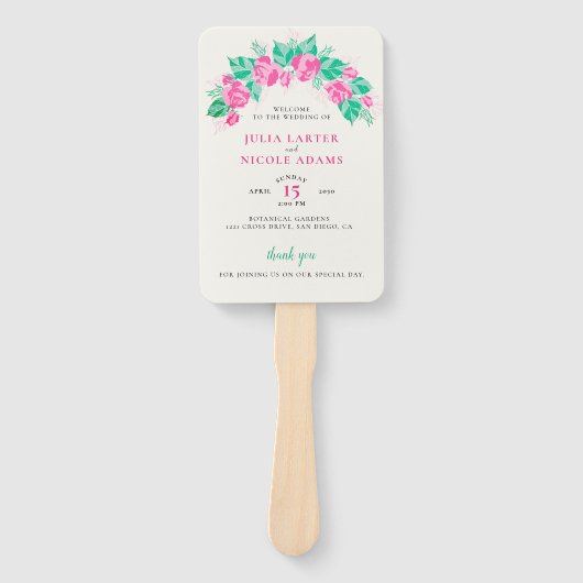 ピンクグリーンバラ花びらフラワーズ庭園の結婚式 ハンドファン (正面)