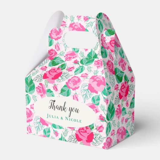 ピンクグリーンバラ花びらフラワーズ庭園の結婚式 フェイバーボックス (正面サイド)