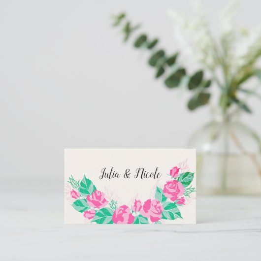 ピンクグリーンバラ花びらフラワーズ庭園の結婚式 プレイスカード (スタンド正面)