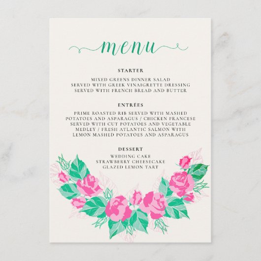 ピンクグリーンバラ花びらフラワーズ庭園の結婚式 メニュー (正面)