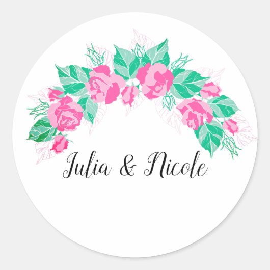 ピンクグリーンバラ花びらフラワーズ庭園の結婚式 ラウンドシール (正面)