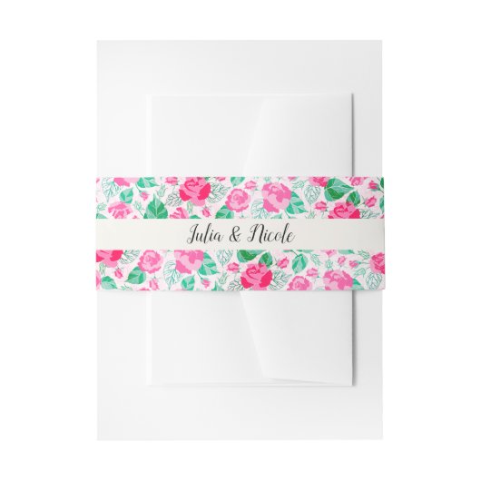 ピンクグリーンバラ花びらフラワーズ庭園の結婚式 招待状ベリーバンド (正面例)